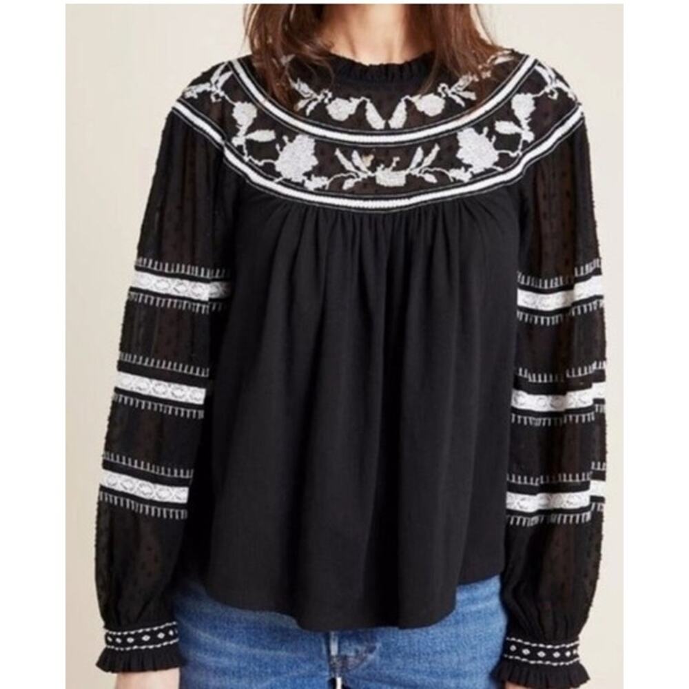 Maeve by Anthropologie Winona Lace Black Embroidered Blouse, Size L